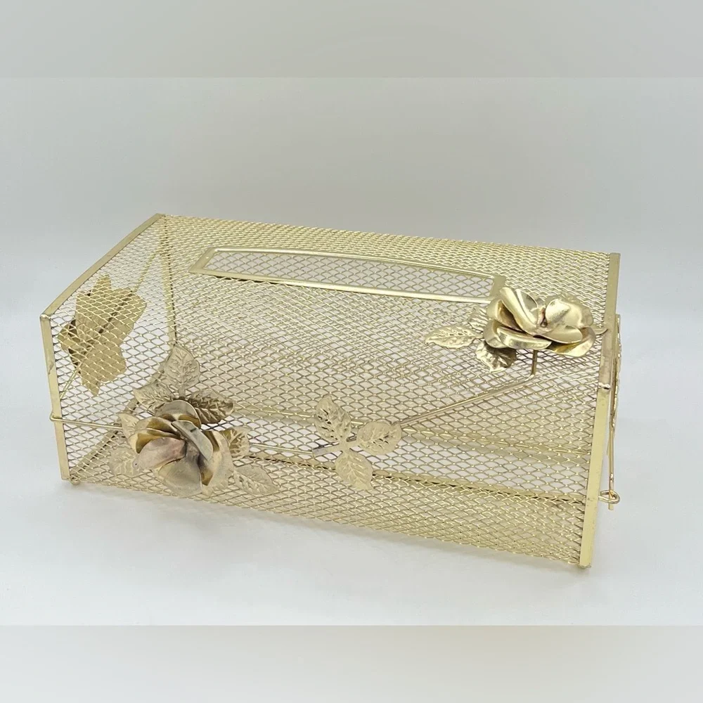 Vintage Gold Tone Metal Rose Tissue Box Cover Hollywood Regency Mesh Vanity MCM
